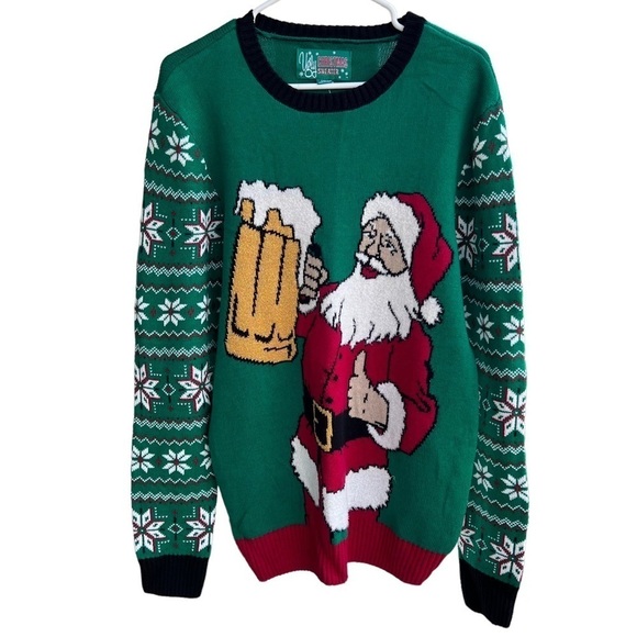 Santa Thumbs Up Cheers Beer Ugly Christmas Sweater Fair Isle Long Sleeve Med NWT - Picture 2 of 8